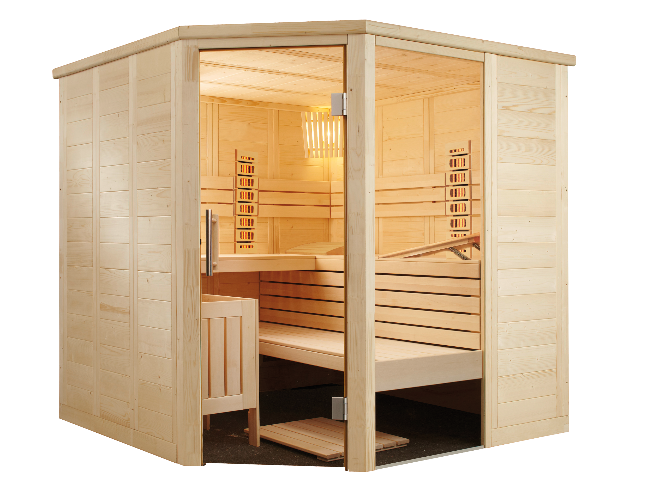 Kombisauna Alaska Corner Infra+ mit Vollsprektrumstrahlern mit 8 kw Ofen / 206 x 206 x 204 cm